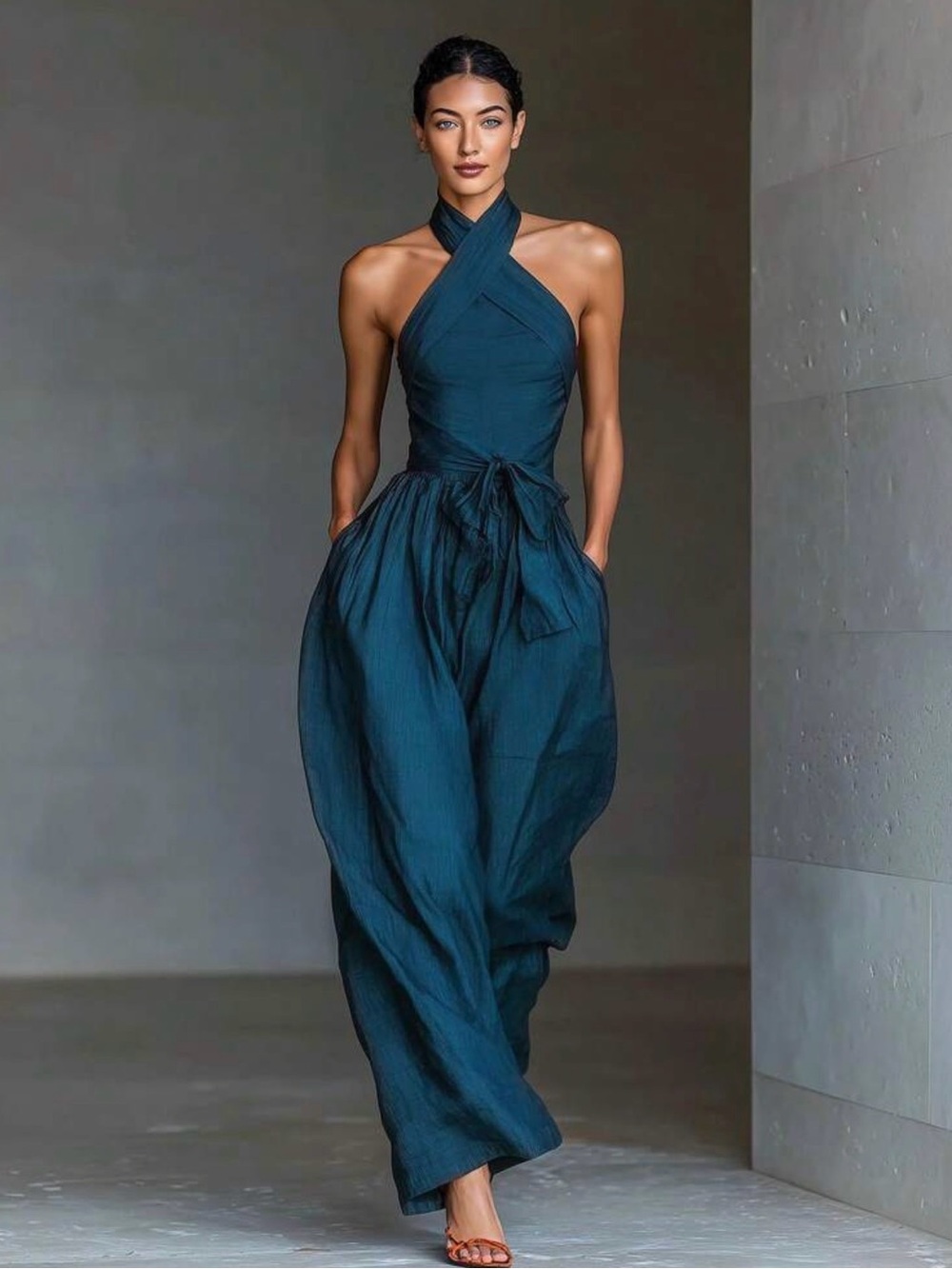 Teal Halter Cross-Front Wide Leg Jumpsuit